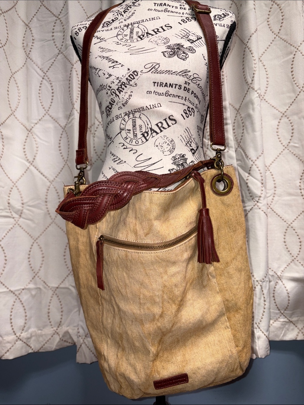 Lucky Brand canvas/leather Brown & Tan Women's Shoulder Bag with Tassel Accent